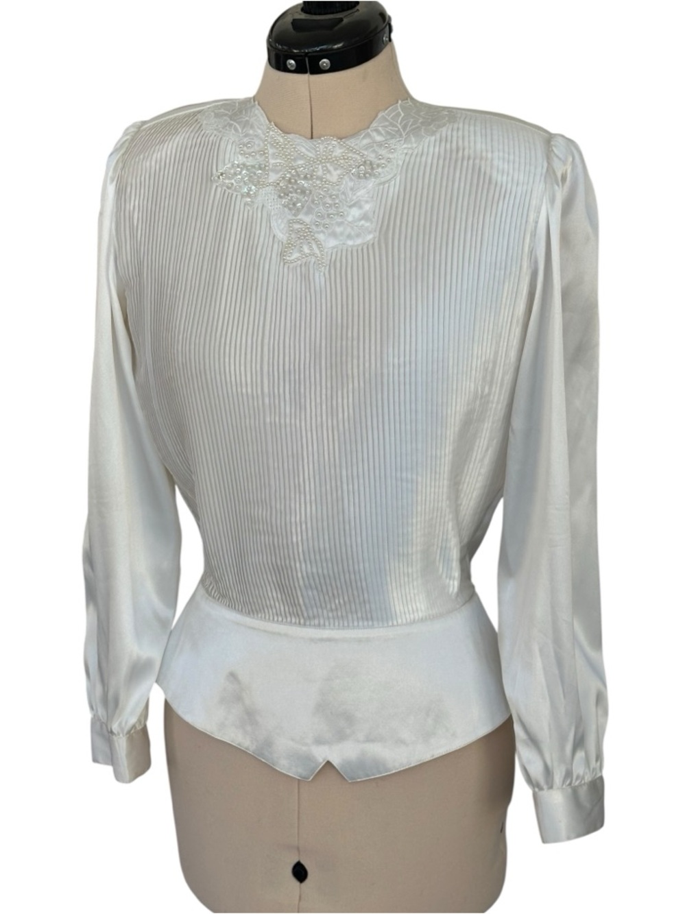 Vintage Nicola Petites Pleated White Satin Blouse